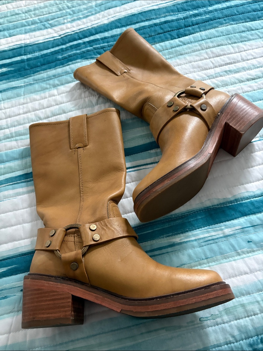 FRYE Leather Mid-Calf Harness Boots in Tan